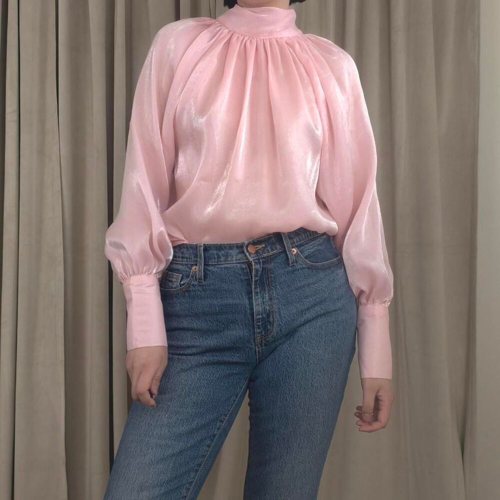 Vintage Pink Luminescent Blouse with Tie Neck and Puffy Sleeves